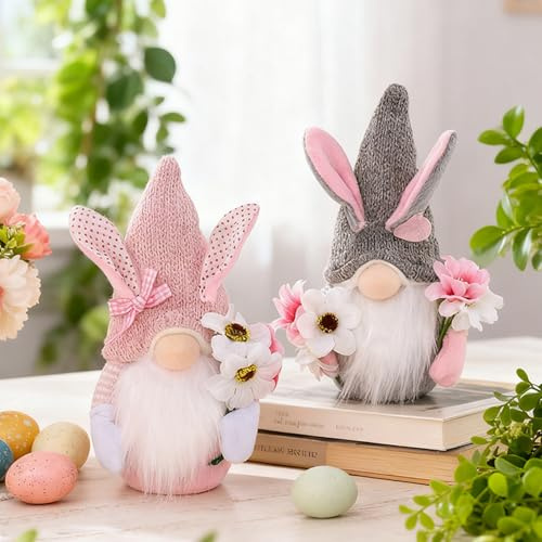 Osterdeko Wichtel Stehende Gesichtslose Puppe, Ostern Zwerg mit Blumen Figuren für Schlafzimmer Wohnzimmer Esstisch Deko, Home Dekoration Figur, Osterzwerg Karotte Geschenk für Frauen Mama (2 Stück A)