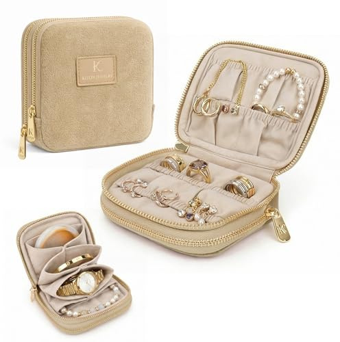 Schmuckaufbewahrung für Reisen, Schmuckkästchen Damen aus Samt, Kompakte Schmuckbox mit 8 Fächern, Schmuck Organizer für Ohrringe Halsketten, Ideales Schmuckkasten als Geschenk für Frauen (Khaki)