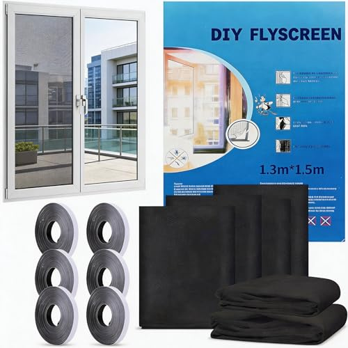 6 zanzariere per finestre，130 × 150 cm Rete per Zanzariera Adesiva,， Schermo Autoadesivo senza Fori per Finestre, autoadesiva, protezione dagli insetti, finestra con 6 rotoli di nastro adesivo (nero)