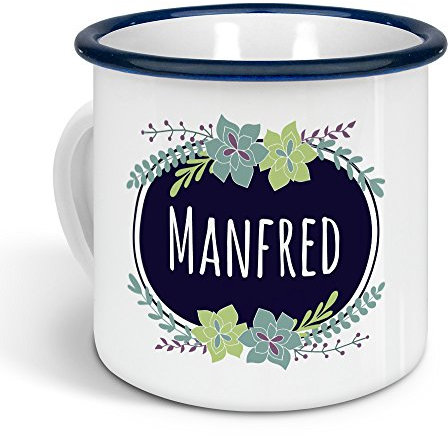 printplanet - Emaille-Tasse mit Namen Manfred - Metallbecher mit Design Flowers - Nostalgie-Becher, Camping-Tasse, Blechtasse, Farbe Blau, 300ml