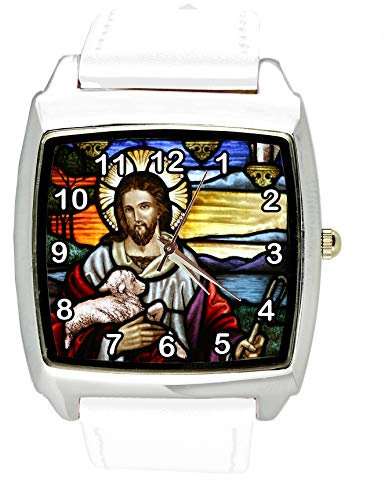 TAPORT® Jesus Christus Quarz-Quadrat-Uhr weißes Lederarmband, Gurt