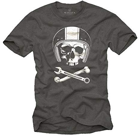 Maglietta per LA Meccanica - T-Shirt con Stampa Moto - Casco con Teschio Uomo Grigio L
