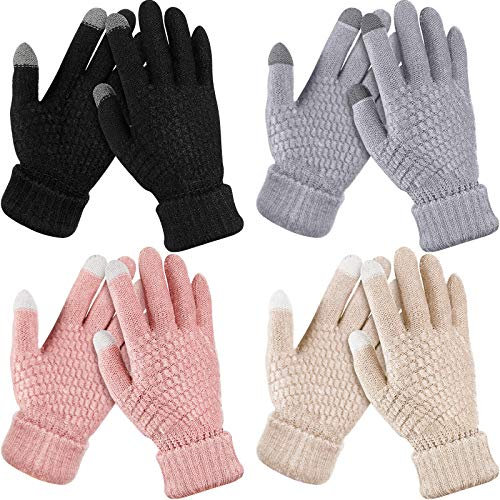 4 Paare Damen Winter Touchscreen Handschuhe Warme Vlies Gefütterte Strickhandschuhe Elastische Manschette Winter Handschuhe (Schwarz, Grau, Rosa, Beige)
