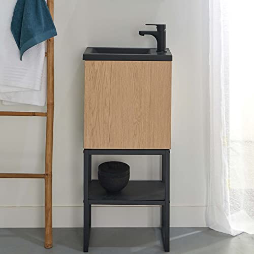 MOB-IN Meuble Lave-Mains Bois et Métal + Robinet Noir Eau Chaude/Eau Froide - Nova