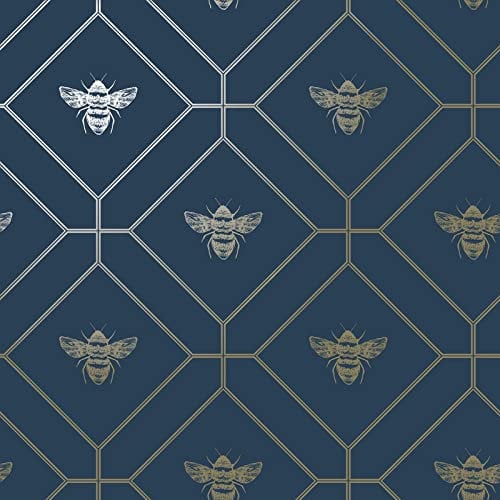 Wabenbiene Metallische Geometrische Tapete Perfekt für Schlafzimmer Wohnzimmer Feature Wände Navy Blau World of Wallpaper 50401