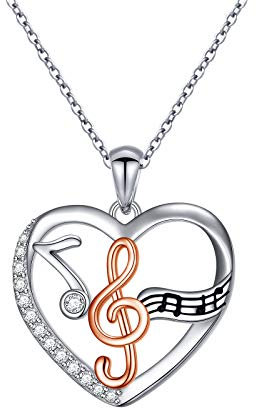 HOOHWE Sterling Silber Two Tone Music Note Love Heart Anhänger Violinschlüssel Halskette für Frauen Schmuck Geschenk für Musik Tanzliebhaber