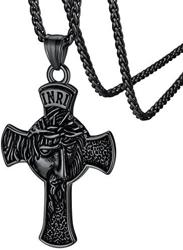 FaithHeart Halskette mit christlichem Kreuz, Edelstahl/Gold/Schwarz, Anhänger Inri, mit verstellbarer Kette, 55 + 5 cm, religiöser Schmuck, Taufe, Schutz, personalisierbar für Herren und Damen