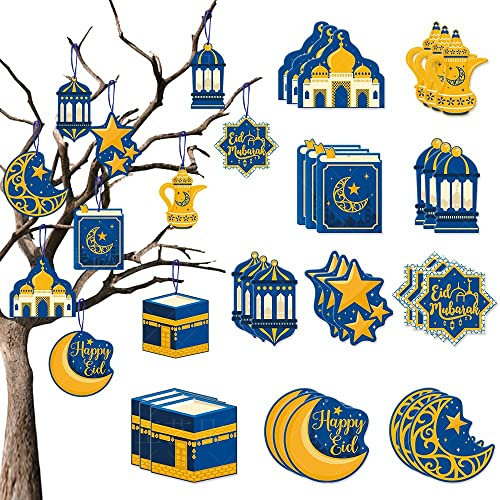 30 Stück Ramadan Dekoration Eid Mubarak Hängende Dekorationen Anhänger aus Zeichen der Ramadan Kareem Muslim Islamic Mond Stern Laterne Schloss Dekoration Ramadan Deko (Blau)