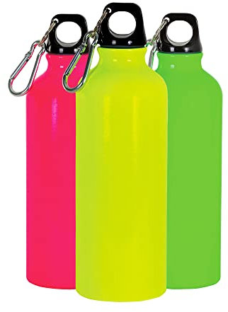 BSSTORE Gourde couleur Fluo avec bouchon en plastique et mousqueton (500 ml) en aluminium - Pour excursions, Sport, Camping, Vélo, Fitness, Yoga, École, Palestra. (jaune)