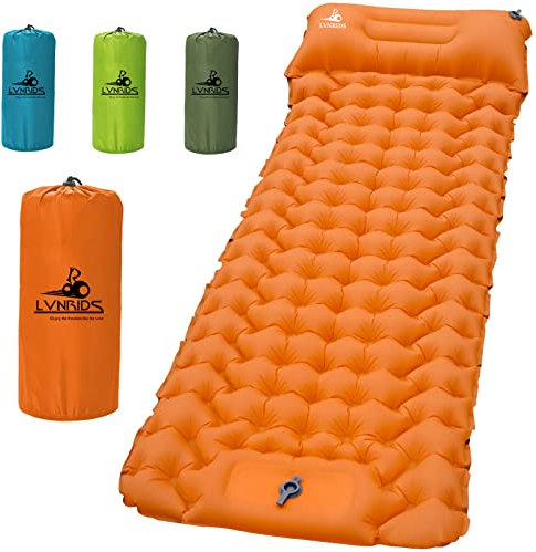 LVNRIDS Isomatte Selbstaufblasend Ultraleicht, Luftmatratze Camping Selbstaufblasbare Aufblasbare Matratze 3.9 inch Dicke mit Fußpresse Pumpe und Kissen für Camping Reise Outdoor Wandern Strand Orange