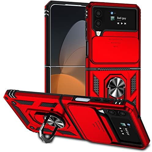 Jiyu Funda Compatible con Samsung Galaxy Z Flip 4 5G Carcasă Armor Militar Cubierta de Cámara Deslizante Proteger Fundas con 360 Full Protección Anillo Soporte Silicona Estuche Cover Case,Rojo