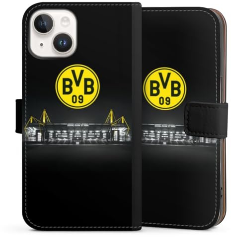 Klapphülle kompatibel mit Apple iPhone 14 Handyhülle aus Kunst Leder schwarz Flip Case BVB Stadion Borussia Dortmund