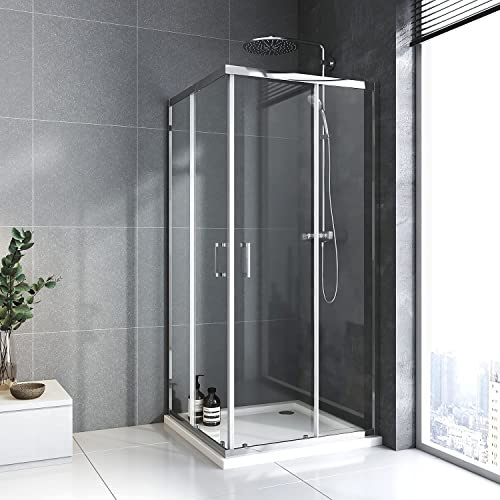 Duschkabine 80 x 90 x 185 cm ESG-Glas Duschabtrennung komplett mit Nano, Eck-Dusche mit Doppel Schiebetür Silberfarben flexible Montage Duschkabine Schiebetür