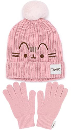 Pusheen Beanie und Handschuhe Frauen Katze rosa gestrickter Winterhut