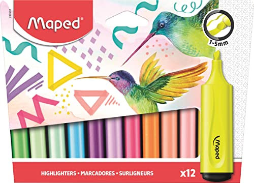 Maped - extra-weiche, flexible Textmarker FLUO PEPS x12 -perfektes Markier-Ergebnis, auch auf unebenen Oberflächen - mit Clip an der Kappe - abgeschrägte Spitze: 1-5 mm Strichstärke
