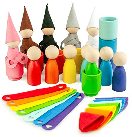 Ulanik Große Steckpuppen in Tassen mit Hüte und Schals Montessori Spielzeug ab 3 Jahre + Waldorf Puppen Sensorik Holzspiele zum Farben Lernen — 12 Zwerge