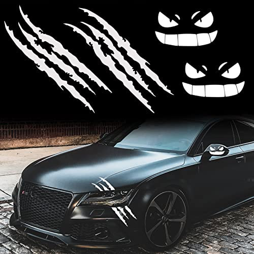 Kratzer Aufkleber Auto, Autoaufkleber Monster Klaue Dämon Smiley Gesicht Auto Aufkleber Auto Monster Klaue Kratzer Sticker Autofolie Seitenaufkleber für Auto Halloween Dekor 4pcs (Weiß B)