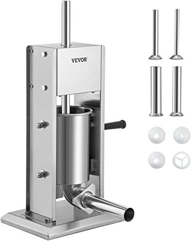 VEVOR 5LBS/3L Capacity, Two Speed 304 Stainless Steel Vertical Stuffer, Sausage Filling Machine with 4 Stuffing Tubes, Suction Base for Household or Commercial Use, Metal, Silvery