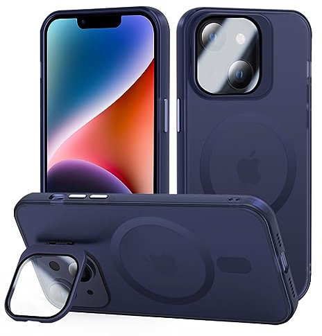 tigratigro Cover con Cavalletto,Compatibile con iPhone 14 Plus,Protezione Fotocamera H9 vetro temperato,Custodia Posteriore Glassata Traslucida, Anti-Impronte,Sensazione di Velluto (Azzurro Navy)