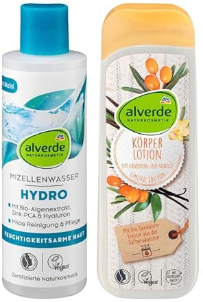 alverde NATURKOSMETIK 2er-Set Hautpflege: Mizellenwasser HYDRO reinigt & klärt die Haut in einem Schritt (200 ml) + Körperlotion SANDDORN VANILLE Bodylotion (250 ml), 450 ml