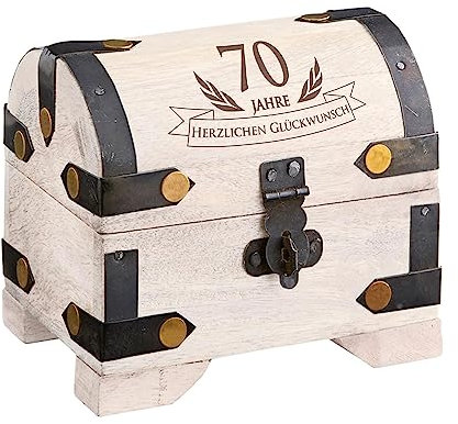 Kleine Schatztruhe mit Gravur zum 70. Geburtstag, Weiße Schatzkiste, Geburtstagsgeschenk, Geschenkbox mit Deckel, Dekorative Holztruhe, Geschenk Holzkiste mit Deckel, Verpackung für Geldgeschenke