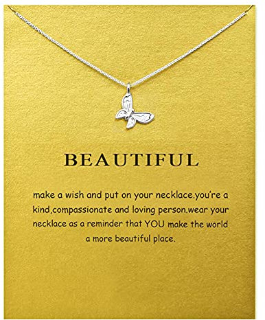 ZYAWP Message Card Butterfly Pendant Necklace Silver Friendship Sisters Sun Good Luck Crane Pendant Y Chain Necklace for Women and Girl Gift (silver Butterfly)