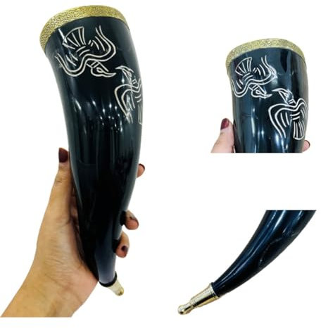 Cuerno medieval hecho a mano con diseño de águila nórdica tallada a mano con soporte | Taza de cerveza, vaso de vino