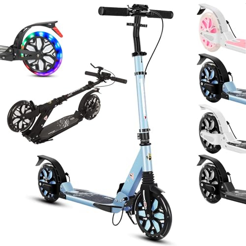 Tretroller Scooter Erwachsene mit Big Wheel Räder & Tragegurt- City Roller klappbar- Roller Kinder- Klappbar Lenker -m/hinterradbremse und Stoßdämpfer, 4 Höhenverstellbar, 150 kg Tragkraft,Blau