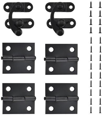 MARRTEUM Crochet de loquet gauche et charnière avec kit de vis assorties pour décoration de boîte à bijoux, armoire, valise et bricolage (2 loquets + 4 charnières)