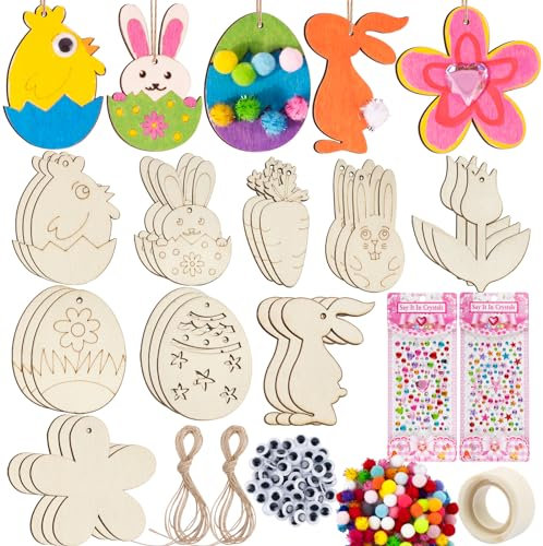 BETESSIN 60 Stück Ostern Basteln Holz Holzanhänger zum Bemalen 215pcs Osterdeko zum Basteln Osterhasen Ostereier Blumen Frühling Anhänger DIY Handwerk Osterdekoration zum Aufhängen