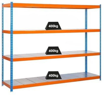 PROREGAL Schwerlastregal Big Metal YETI Four | HxBxT 200x120x60cm | Fachlast 400kg | Blau-Orange | Regal Standregal Werkstattregal Lagerregal Kellerregal