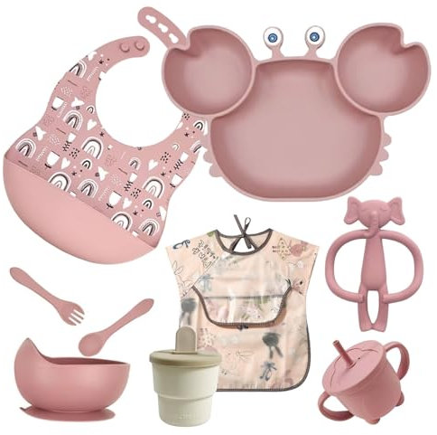 ASENME Juego de vajilla de silicona para bebés, juego de 9 piezas Vajillas (Rosa intenso)