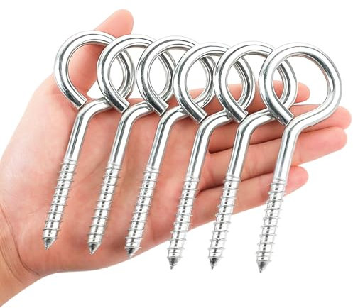YGAOHF 5 Inch Large Eye Hooks Heavy Duty - 6 Pcs Bolts Screw in Hooks Stainless Steel 500 LBS Breaking Strength, Strong Silver Screws for Wood, Hanging Heavy-Duty Applications