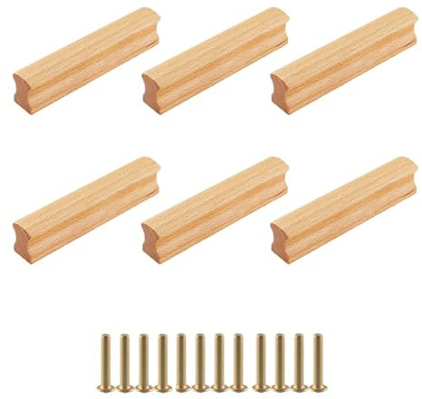 GANILITY Tiradores de madera para muebles, 6 unidades, con tornillos, distancia entre orificios de 96 mm, tiradores para cajones de cocina, muebles, oficina, cajones, color madera