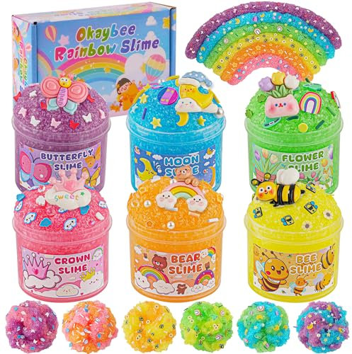 Okaybee 6er-Pack Snow Fizz Crunchy Slime Set, Regenbogen Schleim für Kinder, Schleim Party Geschenke, Sensorisches Spielzeug, Geburtstags Ostern Halloween Mädchen und Jungen