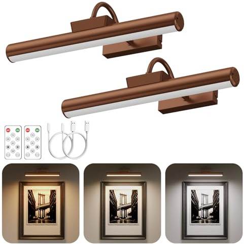 13 Wireless Picture Lights for Wall, Rechargeable Art Light, 2Pack Bronze | Aluminum Photo Frame Light, Remote & Touch Control, 5000mAh Battery, 3 Color Temp, Dimmable, Magnetic Gallery Painting Light