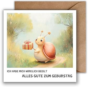 WBdesignz Geburtstag Karte mit Umschlag - Geburtstagskarte mit Spruch Schnecke mit Geschenk Glückwunsch Verspätet Vergessen Verpasst Nachträglich Alles Gute Happy Birthday (125 x 125 mm)