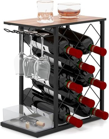 GOPLUS Estante para Vino Industrial, Soporte de Vino Independiente con Amplia Encimera, Rejilla Lateral para 8 Botellas de Vino y 3 Copas, Cajas de Almacenamiento Desmontables, Botellero Moderno