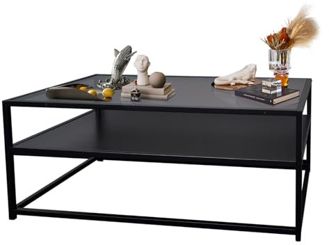 DOKKOME Couchtisch Glas Rechteckig Glastisch Wohnzimmer Wohnzimmertisch mit Ablage 2-stufiger Kaffeetisch Coffee Table Sofatisch für Wohnzimmer Terrasse Balkon 110x60x45 cm Schwarz