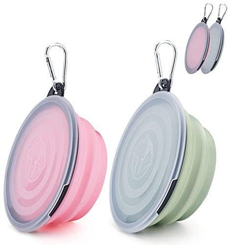 2 Pezzi Ciotola d'acqua in silicone per gatto e cane, ciotola pieghevole per animale domestico, Ciotola portatile per cani con coperchi e moschettone per viaggi e campeggio (rosa,ciano, piccolo)