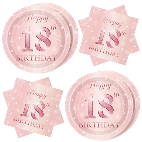 WenmthG Deko 18. Geburtstag Mädchen, 40 Stück Rosa Geburtstag Servietten und Pappteller Set - Happy Birthday 18 Geburtstag Servietten - Tischdeko 18. Geburtstag Mädchen - Servietten 18. Geburtstag