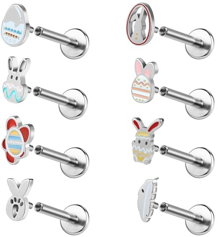 ZS 8 Stück Ostereier Hasen Lippenstecker Labret Lippenringe, 16G Edelstahl Monroe Medusa Piercing Flache Rückseite Tragus Conch Knorpel Daith Ohrringe für Frauen Männer (6mm)
