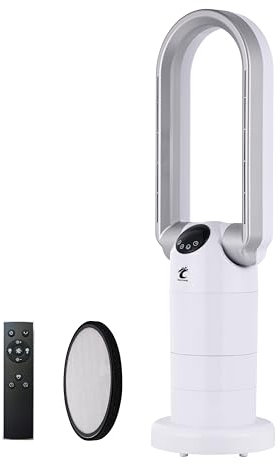 OceanLoong Purifier Hot and Cool Bladeless Tower Fan Heater with Remote - Timer - Oscillation - Energy Efficient & Adjustable Thermostat for Home Bedroom - 29” - AB01H White
