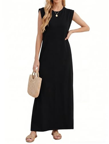 Enmain Black Summer Maxi Dress for Women Sleeveless Loose Slits Dresses UK with Side Pockets Casual Non-Iron Beach Ladies Tshirt Sundress Plus Size 3XL