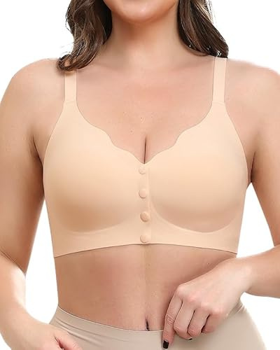 Cavotor Non Wired Bras for Women Convenient Front Button Closure Comfort Maternity Bra Seamless Padded Support Bralettes for Seniors Pregnant Sports (Beige,XL)