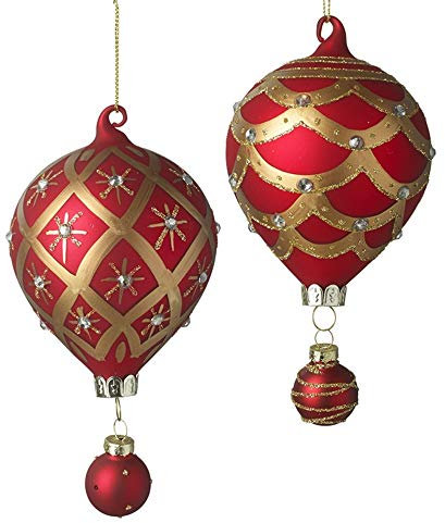 Set of 2 - Hot Air Balloon Style Christmas Tree Baubles/Decorations - Red & Gold