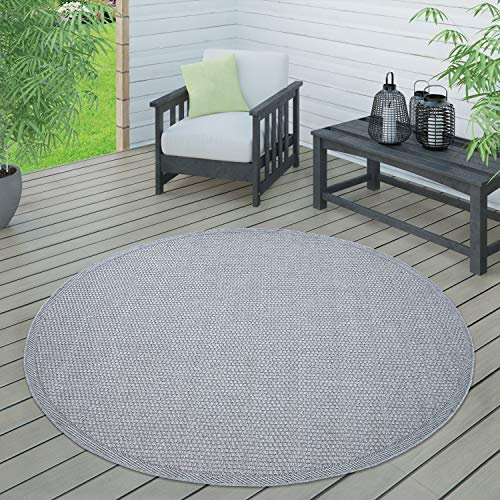 Paco Home In- & Outdoor Teppich wetterfest für Garten, Terrasse & Balkon flachgewebt in Moderner Sisaloptik einfarbig pflegeleicht & UV-beständig, Grösse:160 cm Rund, Farbe:Grau