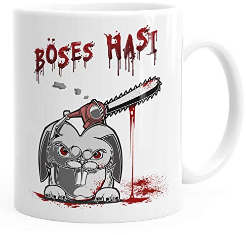 MoonWorks® Kaffee-Tasse Spruch böses Hasi Kettensäge Motiv Horror Bürotasse lustige Kaffeebecher weiß Keramik-Tasse
