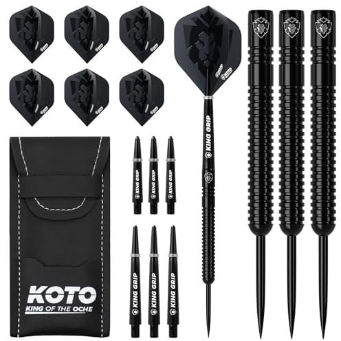 KOTO - Sting Black PVD 90% Dartpfeile 25 G, Tungsten Profi Steel Darts mit Flights + Shafts & Dartwallet, Fester Ringgrip