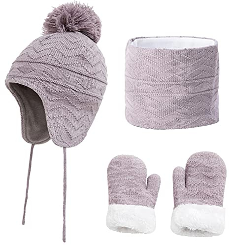 Yutdeng Mütze Strick Baby Schal Fleece Handschuhe Set Fellbommel Beanie Hüte mit Earflap Mädchen Winter Halswärmer Mütze Set Fäustlinge Ohrenklappen mütze Warme Jungen 1-6 Jahre,Grau,L